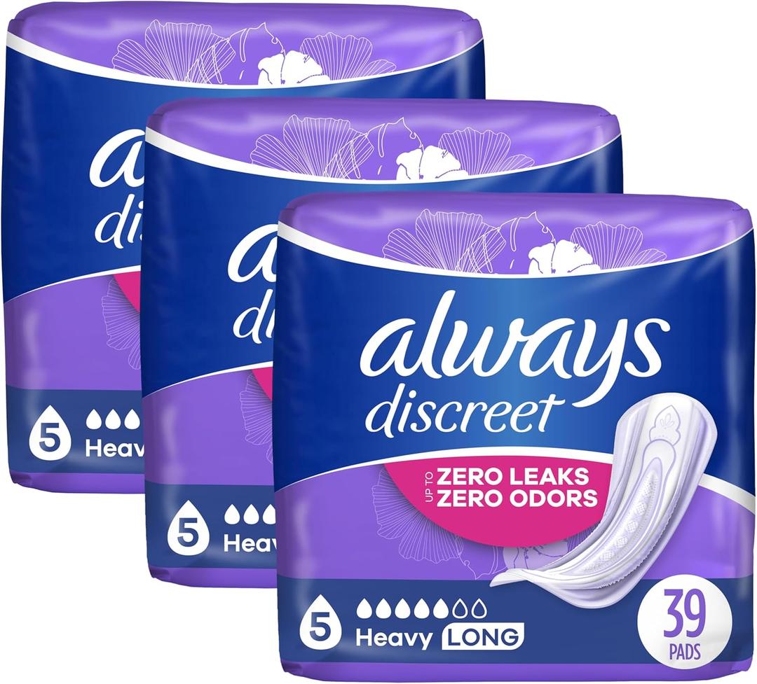 Always Discreet, Incontinence Pads for Women, Maximum, Long Length (Packaging May vary), Purple, 39 Count (Pack of 3)