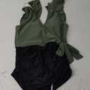 Blooming Jelly Women's Tummy Control Swimsuits Slimming One Piece Bathing Suit Ruffle Wrap V Neck Swimwear (Large, Army Green and Black)