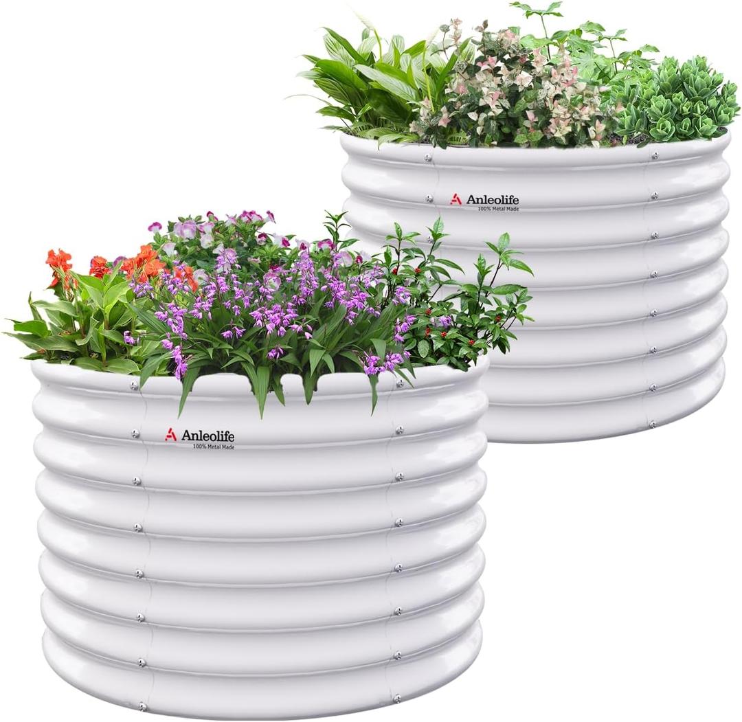 A ANLEOLIFE 2-Pack 3ft x 24 Tall Galvanized Raised Garden Beds Outdoor, Round Metal Planter Box for Planting Vegetables Flowers Herb, Anti-Rust & Easy-Setup, Antique White, 32ft Tall