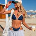 ZAFUL Womens Triangle Color Block Bikini Set 2 Piece Bathing Suits String Swimsuit Cheeky Thong Bottom Beach Resort Swimwear (Blue, S)