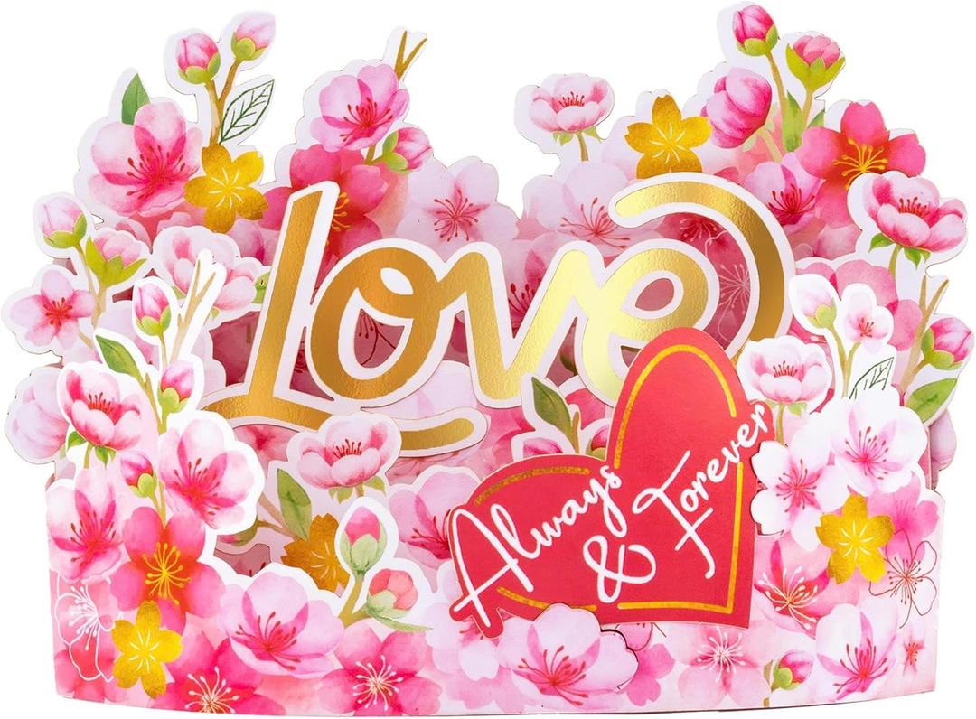 3 x Sweet Cherry Blossom Pop Up Card, 7 Inch 3D Flower Greeting Card, Always & Forever Heart, Romantic Design for Valentine's Day, Anniversary, Birthday, Envelope & Note