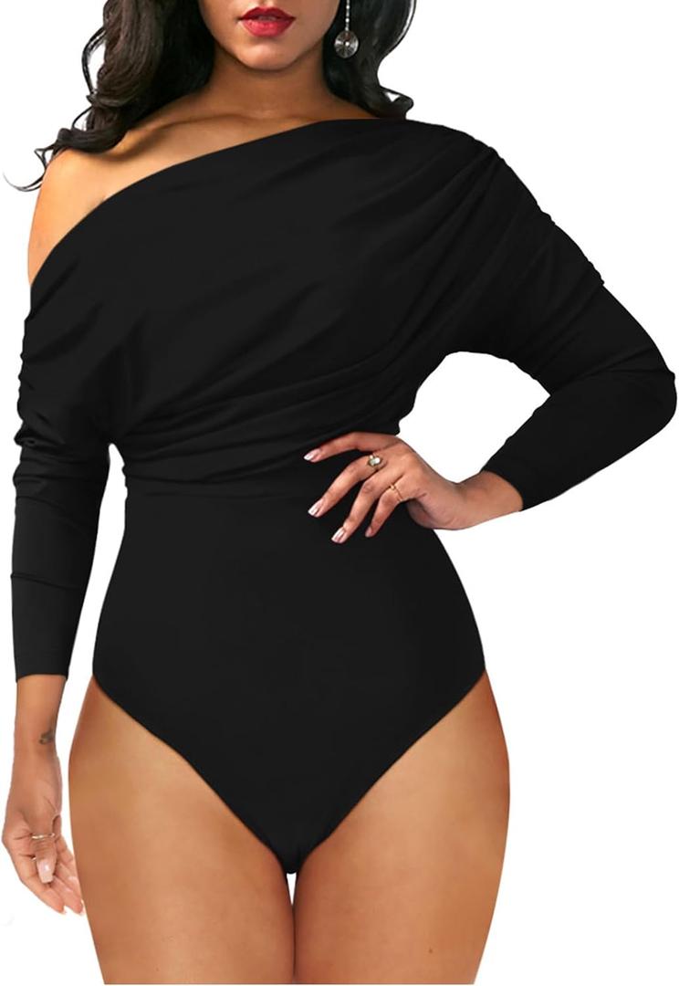 YMDUCH Women's Sexy Long Sleeve Off Shoulder Backless One Piece Bodysuit Top (Medium, Black)