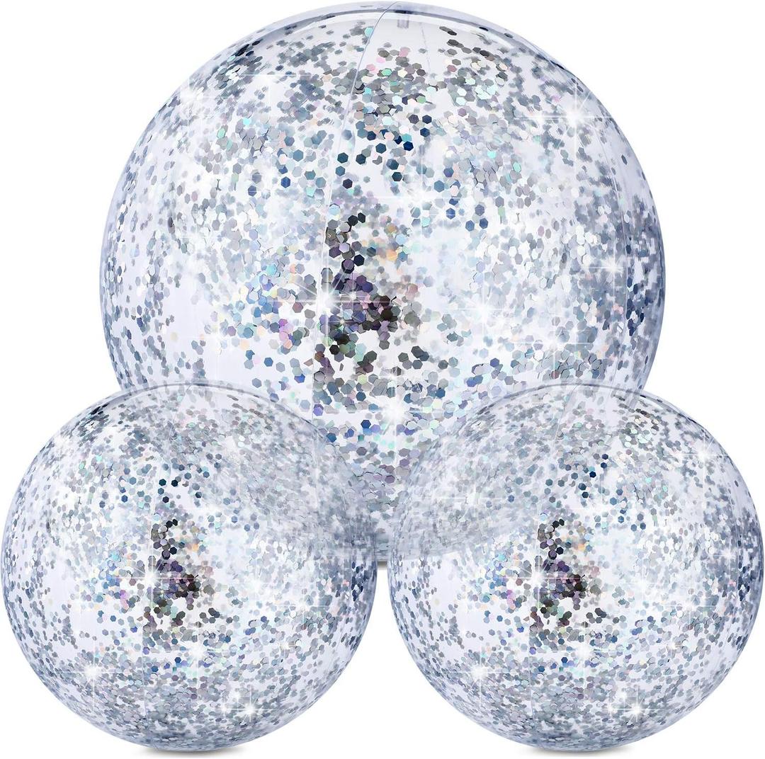 Hsei 3 Pcs Inflatable Beach Ball 16 Inch Glitter Summer Swimming Pool Disco Balls with Confetti Floatable Blow up Toys Decorations for Beach Wedding Outdoor birthday Party Favor(Silver)