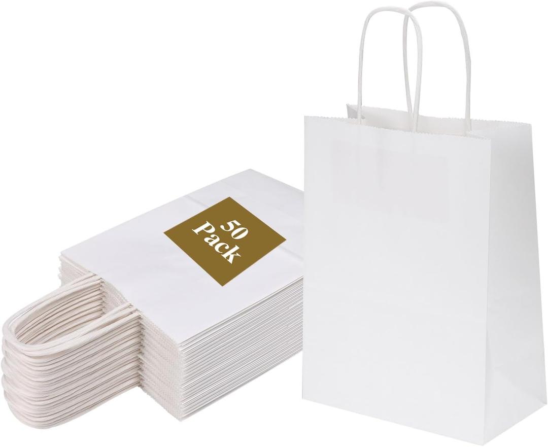 Joybe 50 Pack 5.95x3.25x8 Inch Small White Paper Bags with Handles Bulk, Kraft Paper Gift Bags for Birthday Party Favors Grocery Retail Shopping Business Goody Merchandise Craft Blank Sacks (50pcs)