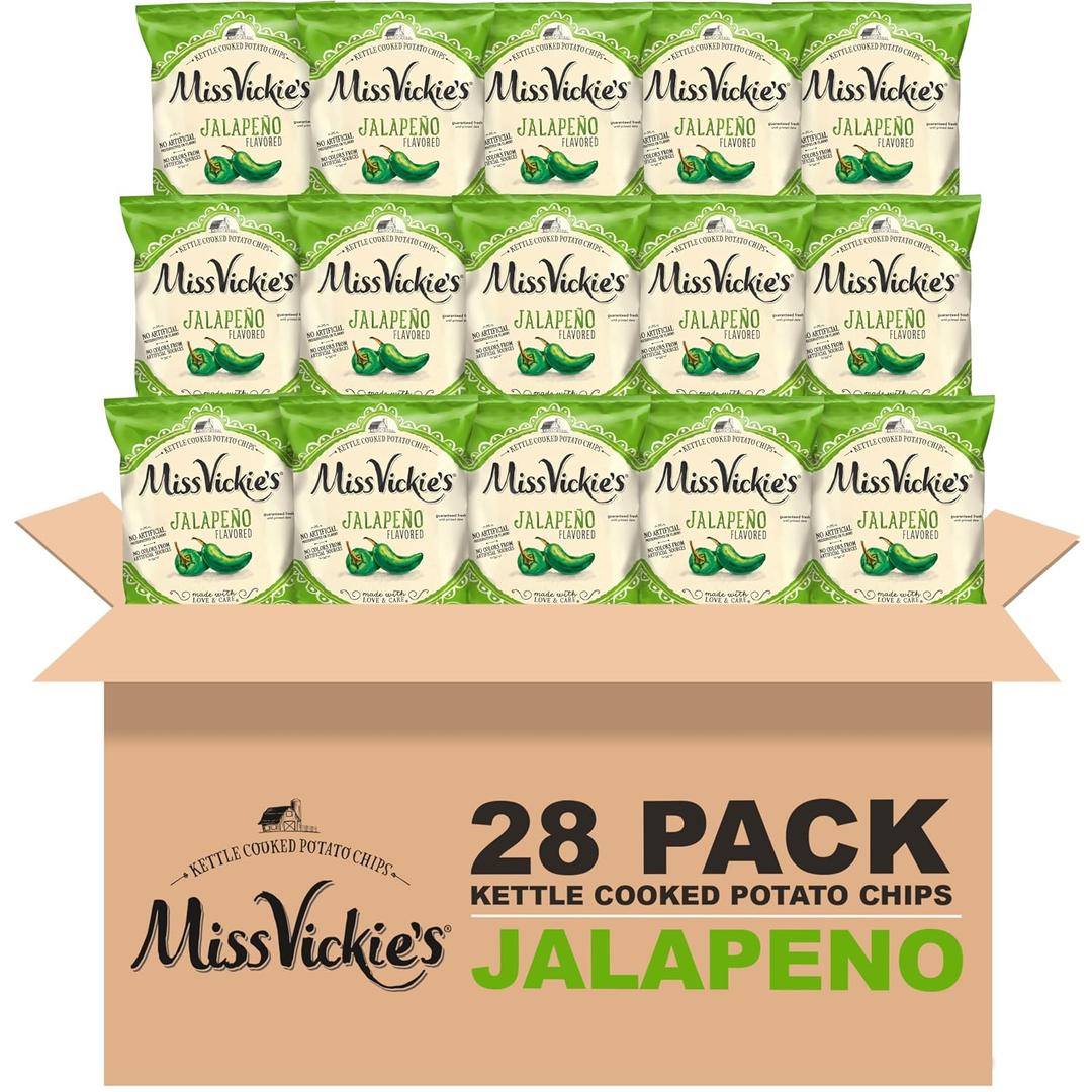 Miss Vickie's Kettle Cooked Potato Chips, Jalapeno, 1.375 Ounce (Pack of 28) (EXP 07/28/26)