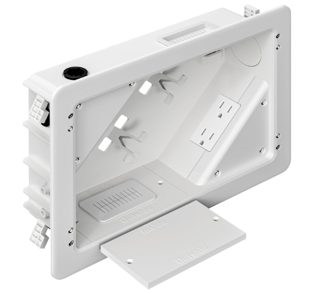 inWall TV Box with Flange for Home Theater Installation, 11.9" x 8.4" Cord Hider for Wall Mounted TV, with 2 Outlets, Cable Bracket, LV Cable & 11/2" ENT Entrance, Ideal for New or Retrofit Job