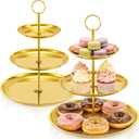 Fasmov 3 Tiered Gold Cupcake Stand, 2 Pack Stainless Steel Dessert Display Tower with Food-Grade Gold Coating, Holds 24 Cupcakes, Dessert Table Display Tiered Serving Tray for Wedding Birthday Party