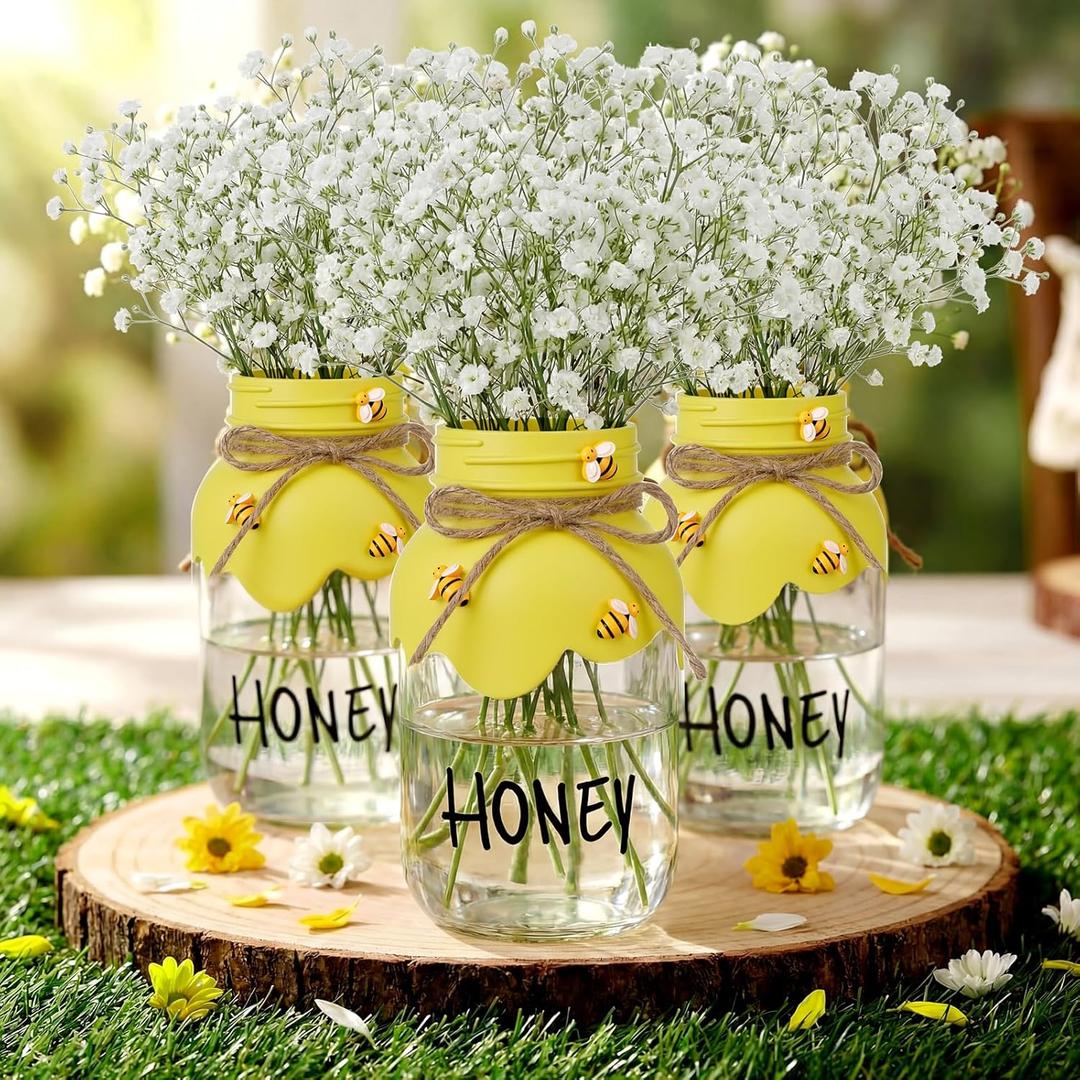 3 Pack Bee Theme Baby Shower Decorations Bee Decor Jars Glass Container for Flower Snack Honeybee Mason Jar Party Decoration with Decorative Table Centerpiece for Bees Themed Party Birthday