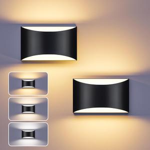 TingMiao Black Modern LED Wall Sconce, Hardwired Wall Sconces Set of 2, 3 Colors Indoor Wall Lamp, 10W Up and Down Aluminum Wall Mount Light for Bedroom Living Room Hallway Corridor (Black, 2 Pack)