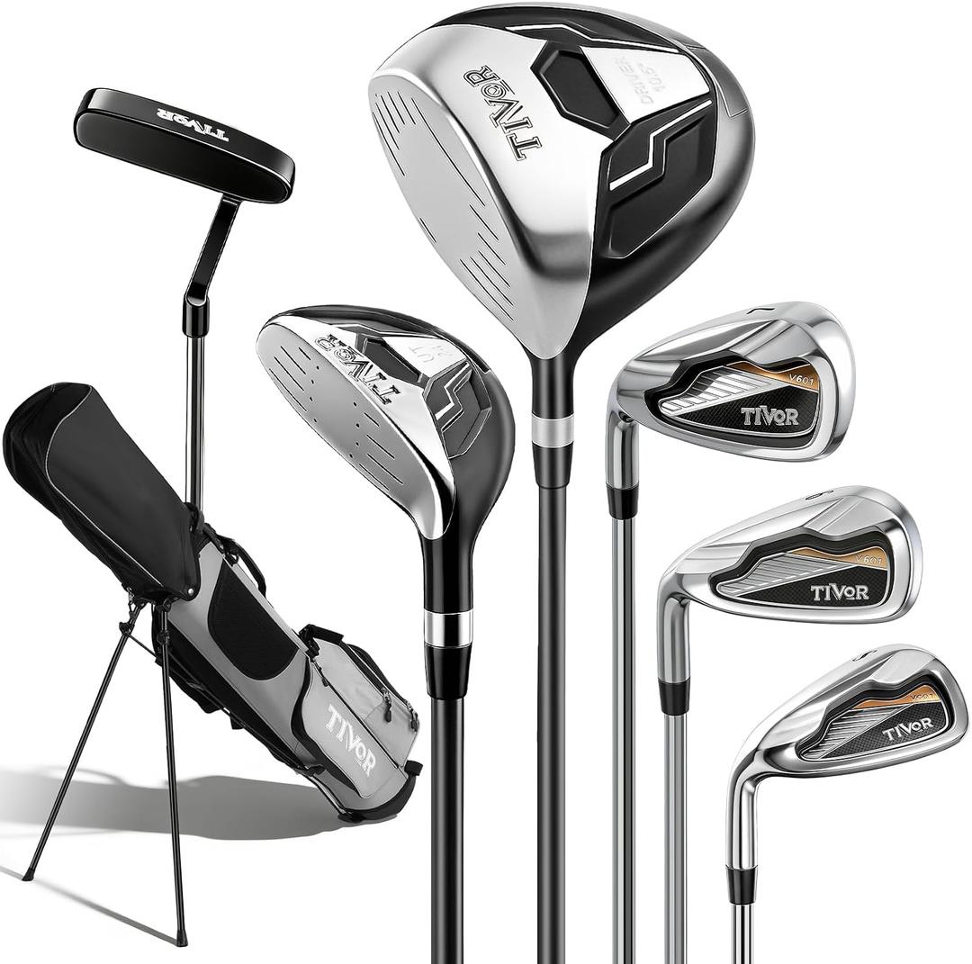 Golf Clubs Set 7-Piece Complete Set with Driver Hybrid 7 Iron 9 Iron Sand Wedge Putter Stand Bag for Men (Gray, Left-Handed)