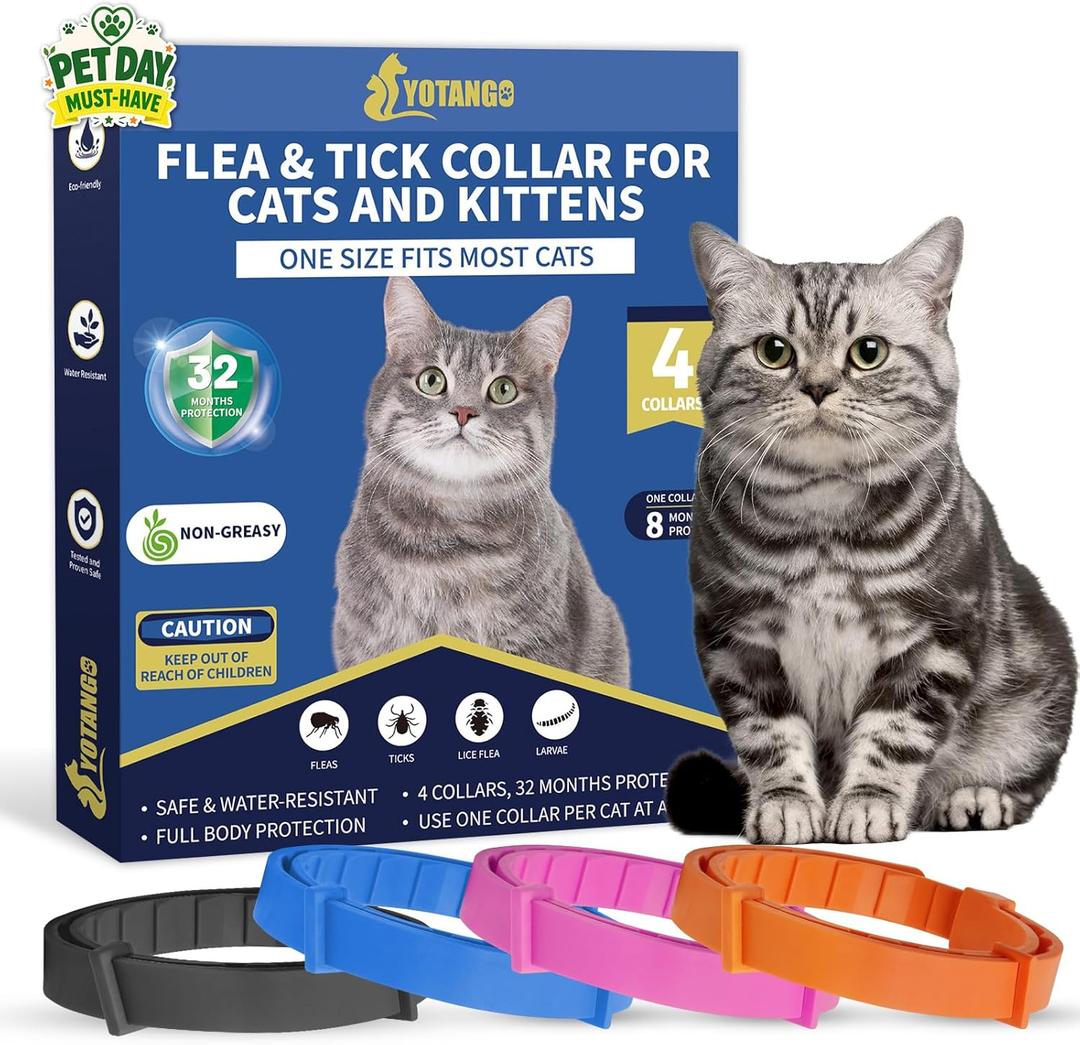 4 Pack Flea Collar for Cats, 32 Months Flea and Tick Prevention for Cat, Waterproof Natural Cat Fleas and Ticks Treatment, Adjustable Fleas and Ticks Collar for Cats Kittens(4 Colors)