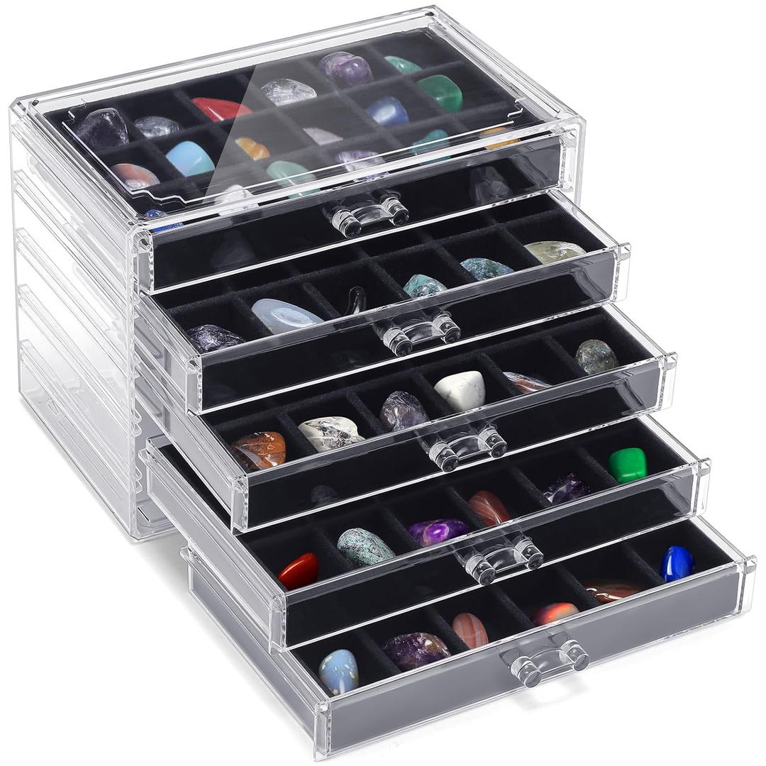 Misdary 90 Grid Rock Collection Box Clear Acrylic Display Case for Kids 5 Drawers Velvet Insert Rock Storage Box for Collectibles Crystal Display Shadow(Black)