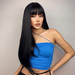 MAGQOO Black Wig with Bang Long Straight Black Wigs for Women Girls Heat Resistant Hight Density Synthetic Wigs (Black)