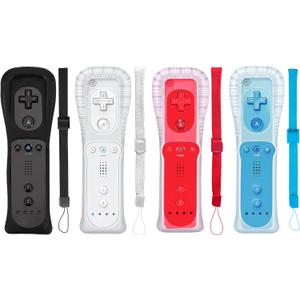 4 Packs Classic Remote Controller Compatible for Wii Wii U Console, Gamepad with Soft Silicone Sleeve and Wrist Strap (Black+White+Red+Blue)