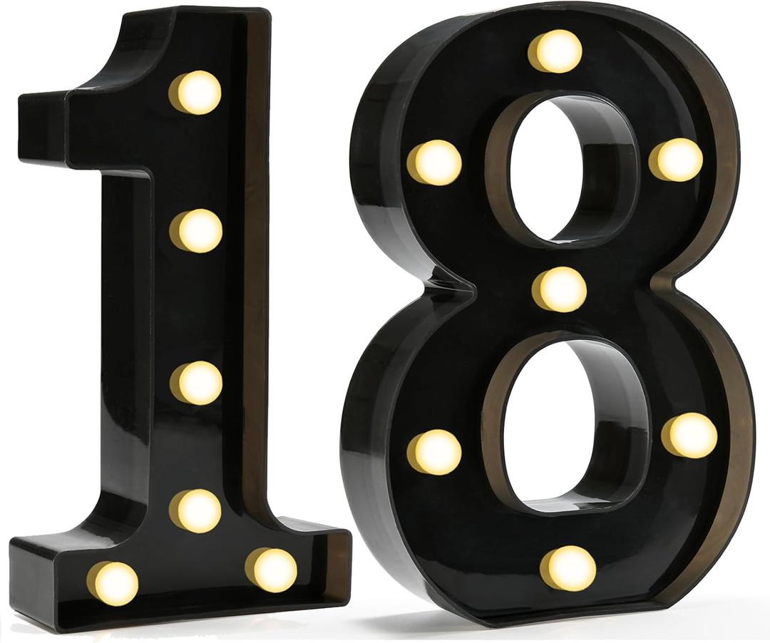 Pooqla Decorative Led Light Up Number Letters, Black Plastic Marquee Number Lights Sign for 18th Birthday Party Wedding Decor Battery Operated Black Decoration 18