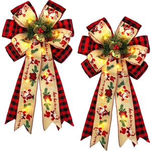 2 Pcs Prelit Christmas Bows Decor with 20 Lights, Santa Bells Black Red Buffalo Plaid Xmas Bows 20" by 11" Christmas Tree Wreaths Garland Bow Battery Powered Christmas Decorations Home Indoor Outdoor