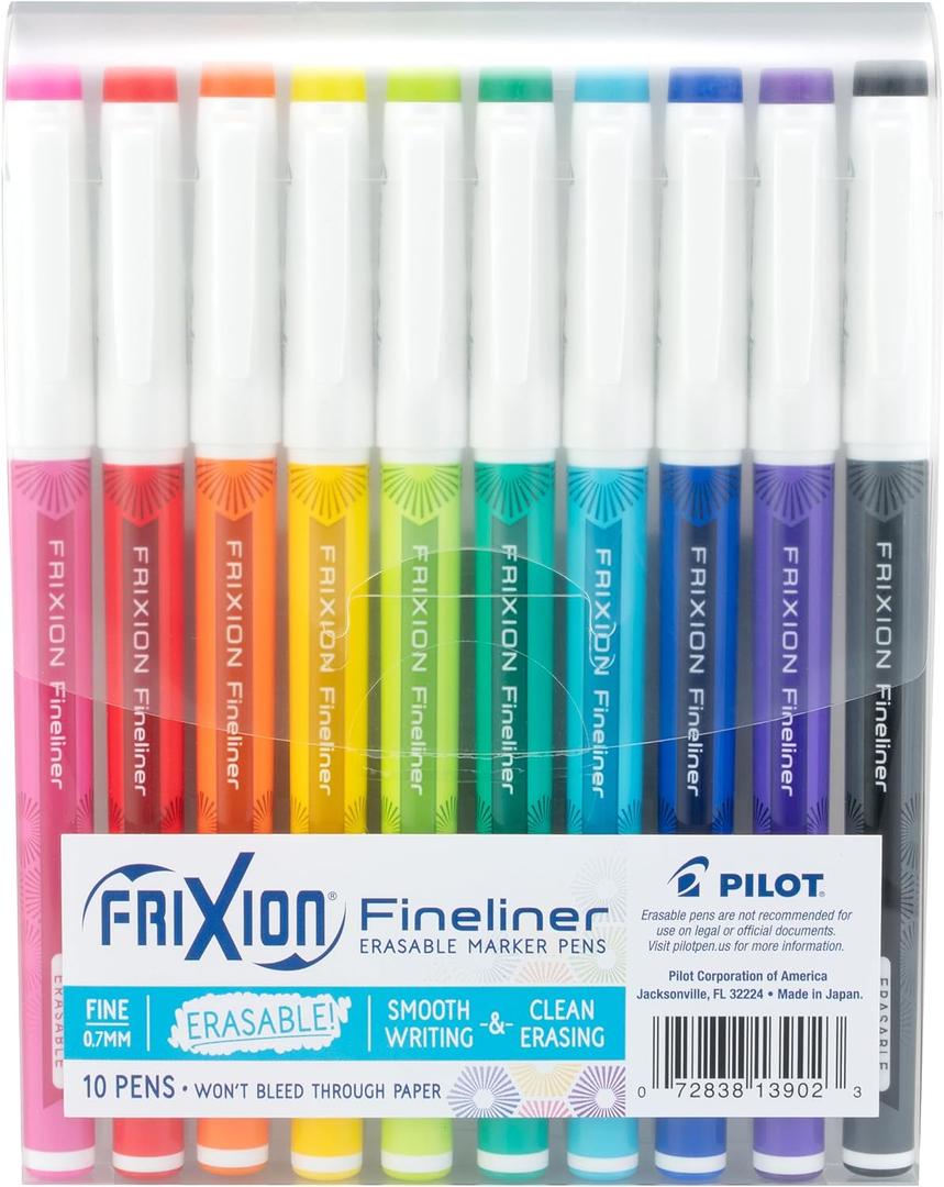 Pilot FriXion Fineliner Erasable Marker Pens, Fine Point 0.7 mm, Pack of 10, Classic Colors, Erasable Pens - Ideal for School, Journaling, & Office Writing