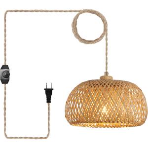 Bamboo Plug in Pendant Light with 14ft Handmade Woven Light Cord, Dimmable Switch, Boho Basket Hanging Lamp for Bedroom Kitchen Island Decor Farmhouse Living Room