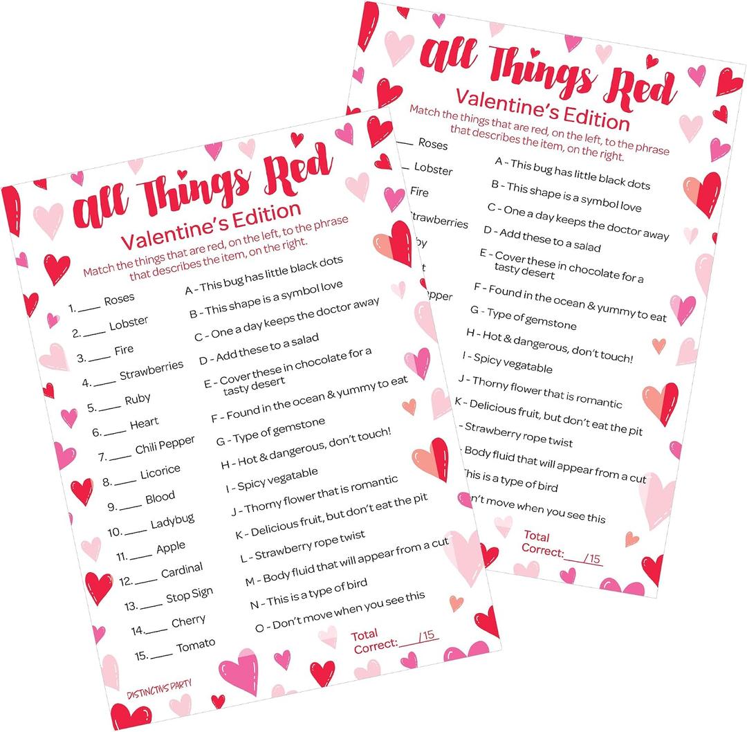 4 x DISTINCTIVS Valentines Day Trivia Game All Things Red, Classroom Party Activity for Kids, 25 Count