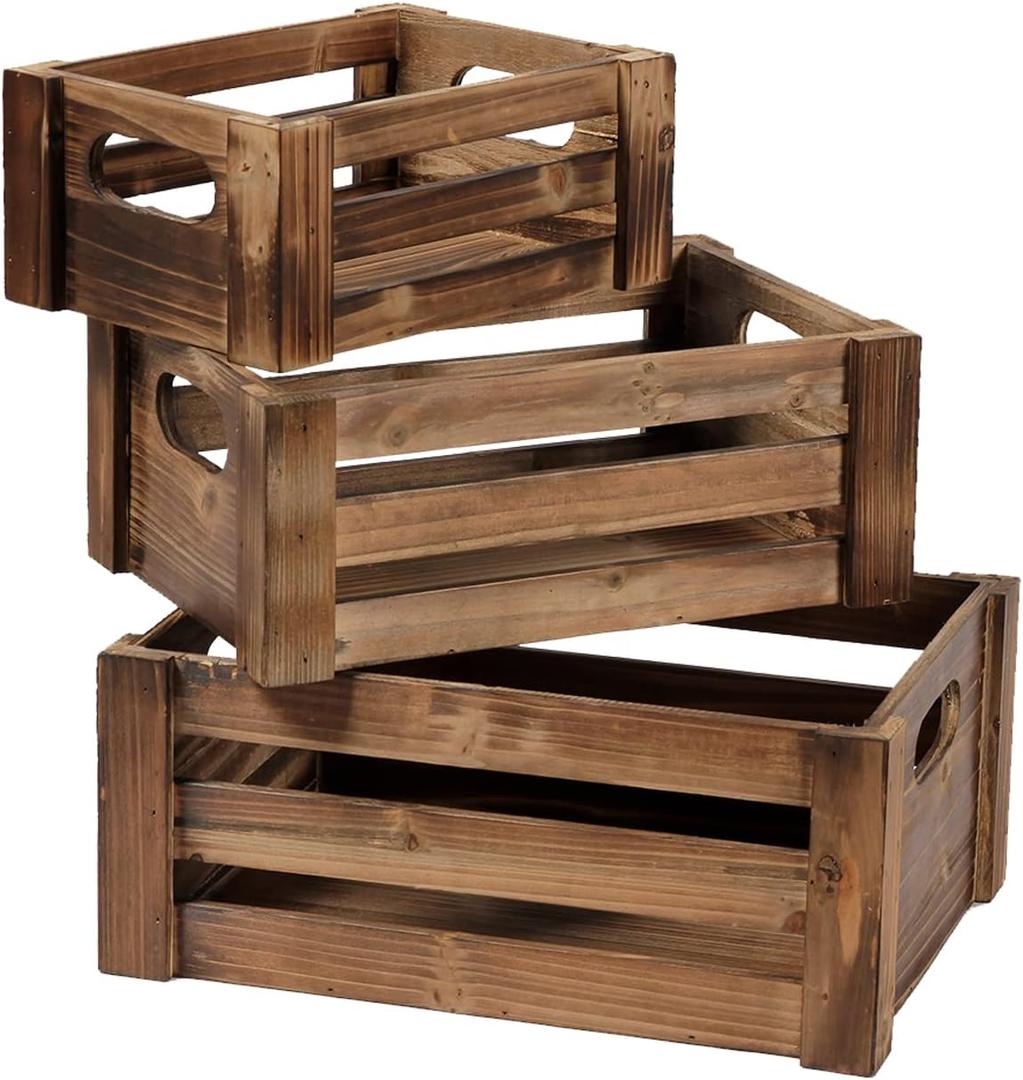 Farmhouse Wooden Nesting Crates Decorative Set of 3, Distressed Crate for Display Rustic Home Decor, Wood Crate Basket for Storage with Handles Living Room Outdoor Christmas