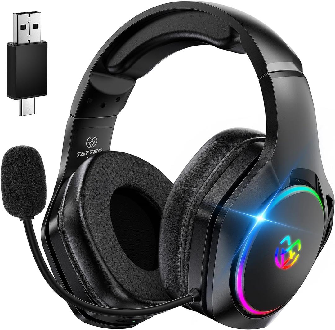 Tatybo Wireless Gaming Headset for PS5, PS4, PC, 2.4GHz USB & Type-C Gaming Headphones, 40Hrs & 7.1 Surround Sound Bluetooth Headphones with Noise Canceling Mic, Wireless Headset for Switch Phone