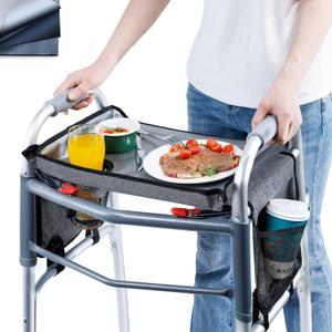 BAGSFY Walker Tray with Cup Holder & Side Pocket Hard Top Walker Table for Seniors Folding Walker Accessory for Meals, Reading, Drinks Non-Slip Surface, Tool-Free Install, Universal Fit