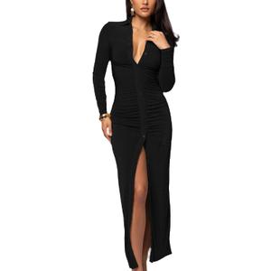 YouSexy Women's Sexy Button Down Ruched Stretchy Maxi Dress Long Sleeve Party Club Long Dresses (Black) S