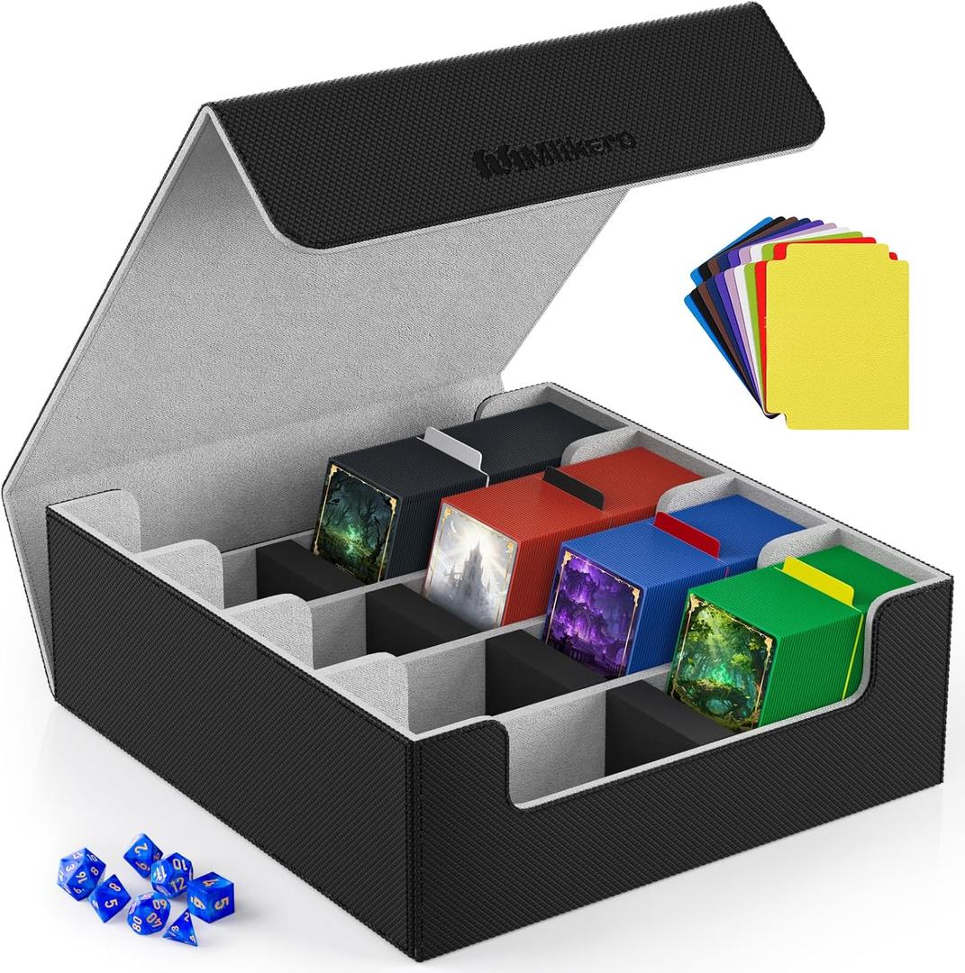 Mlikero Card Deck Case, 2400+ Trading Card Storage Box with 10 Colorful Dividers and 4 Foam Stoppers, Leather Magnetic Closure Commander Deck Box Fit for MTG, TCG (4 Rows, Black&Grey)
