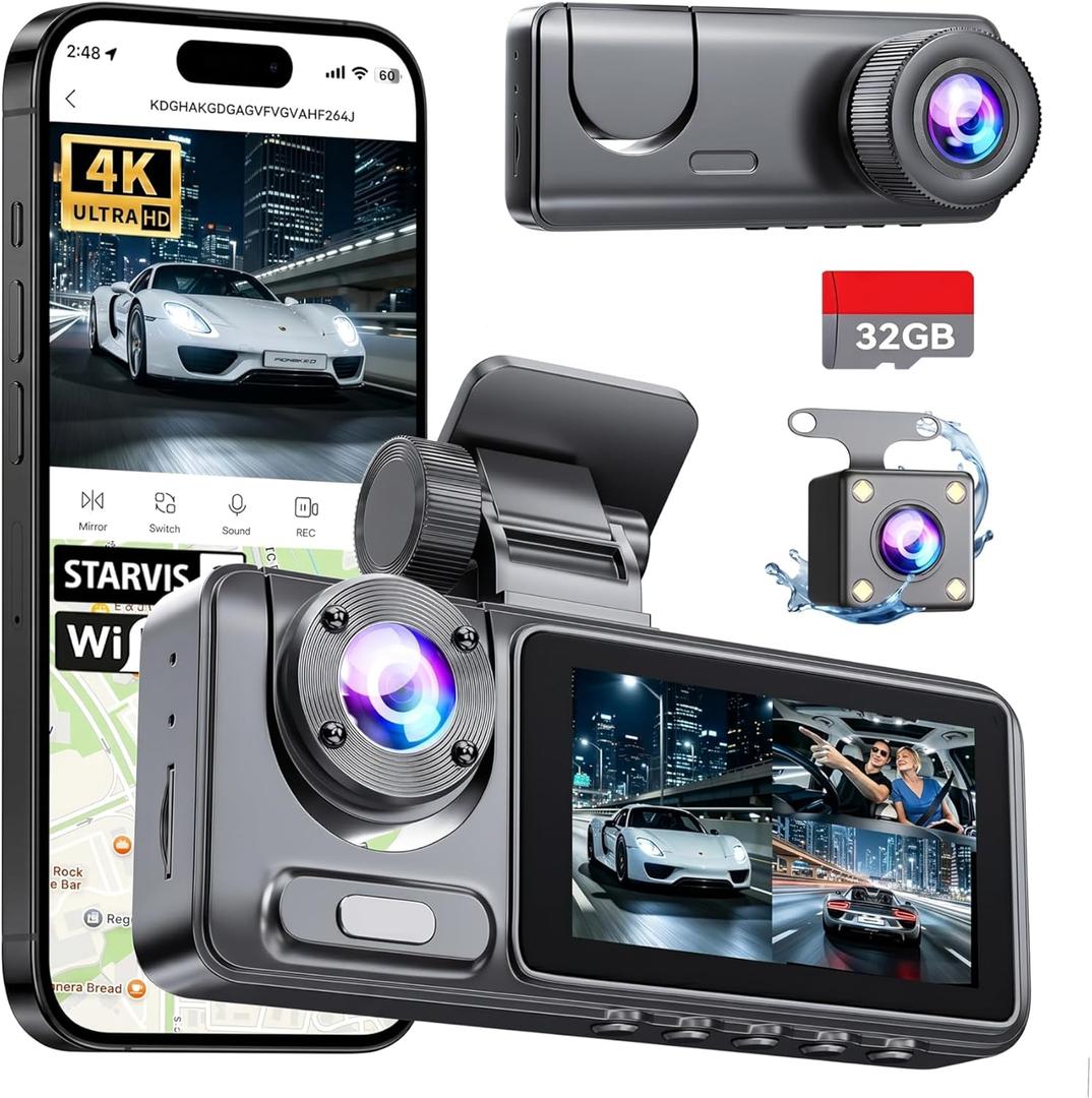 Dash Cam Front Rear with 3 Channel, 4K Full UHD Car Camera, 5GHz WiFi & App Control, Free 32GB Card Included, Dash Camera for Cars with IR Night Vision, 24 Parking Mode, Loop Recording, G-Sensor