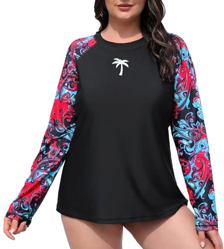 Halcurt Womens Plus Size Long Sleeve Rash Guard Swim Top with Built in Bra Loose Fit UPF50+ Sun Protection Swimsuit Black Red Paisley 2X