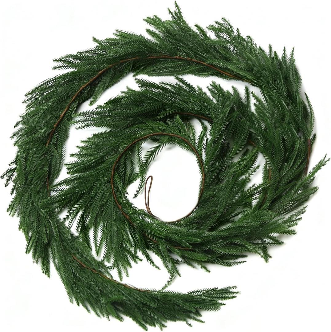 2Pack 6FT Christmas Garland Real Touch Norfolk Pine Garlands, Realistic Greenery Garland for Mantle, Fireplace, Stairs, Table, Door, Porch, Deluxe Green Garland for Indoor Outdoor Winter Holiday Xmas Decor