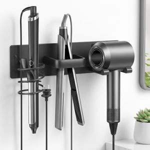 Wall-Mounted Hair Tool Organizer with Hair Dryer Holder, Flat Iron Stand & Curling Iron Caddy 3-in-1 Bathroom Storage Rack, Heat-Resistant, No-Drill Adhesive or Screw Mount, Matte Black