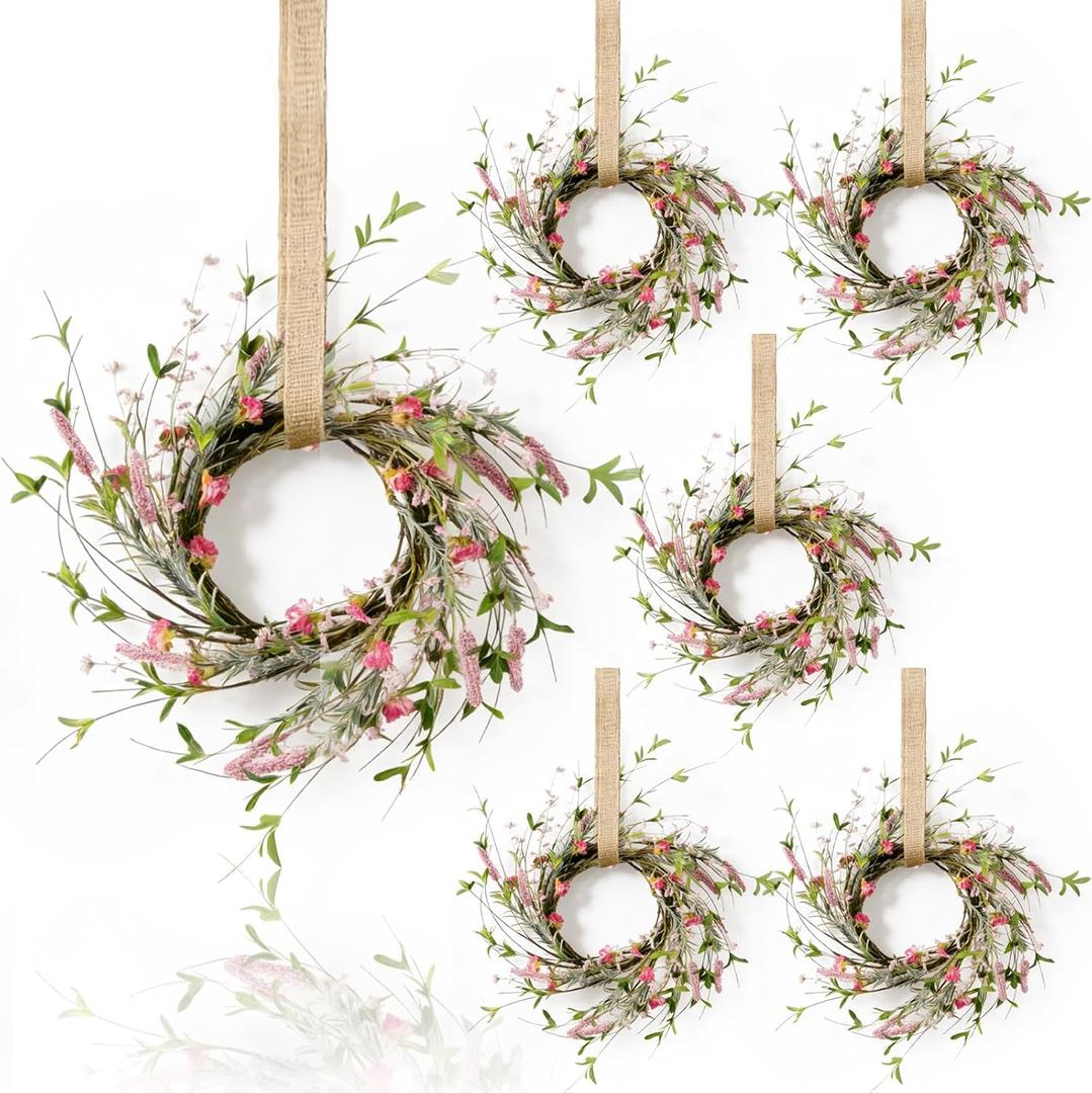 6 Pcs Small Spring Summer Hanging Wreaths for Cabinets with Green Leaves Artificial Mini Candle Ring Wreath with Pink Flowers and Lavender for Home Kitchen Front Door Window Porch Wall Wedding