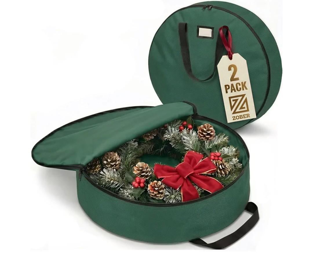 ZOBER 2 Pack Oxford Christmas Wreath Storage Container 30 Inch - Wreath Bag for Artificial Wreaths Box - Waterproof Fabric, Dual Zippered Wreaths Storage Bag With Strong Durable Handles - Green