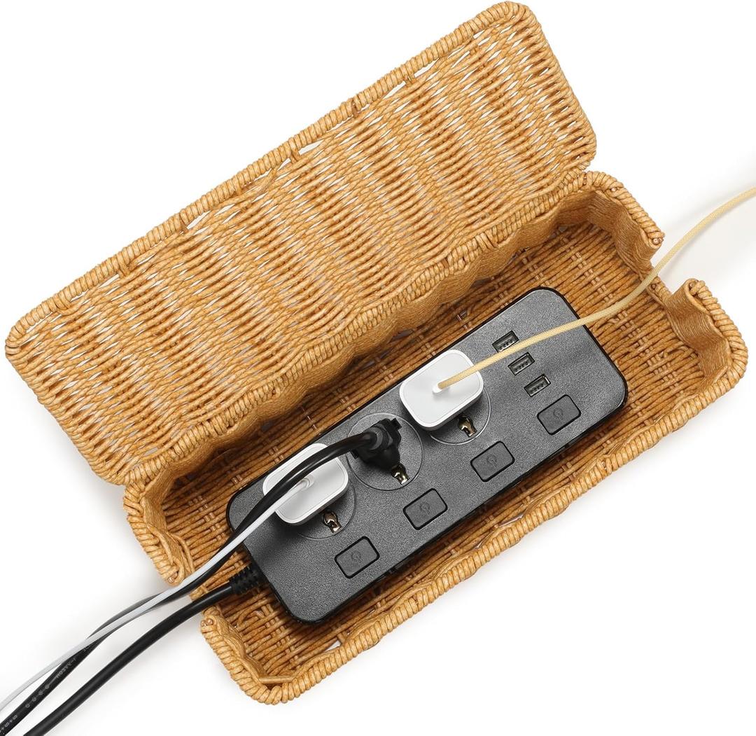 Delamu Handmade Rattan Small Cable Management Box, Cord Organizer with 2 Open Slots, Desk Cord Box Hider for Computer Router USB Hub Power Strip, 12.5" Lx 5.1" Wx 5.1" H, Natural