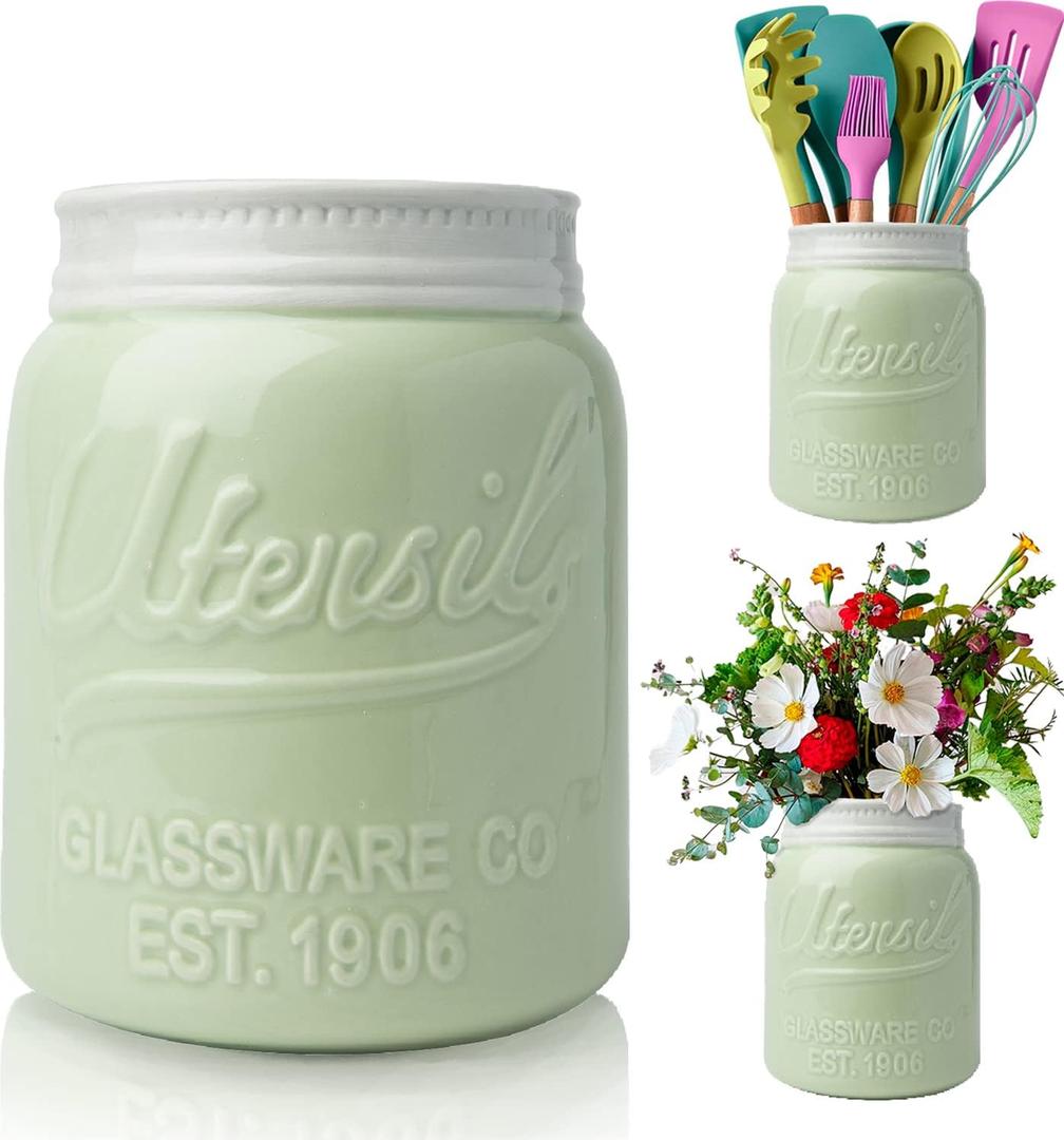 Comfify Wide Mouth Mason Jar Utensil Holder Decorative Kitchenware Organizer Crock, Dishwasher Safe - Kitchen Caddy Green, Large Size 7" Hight