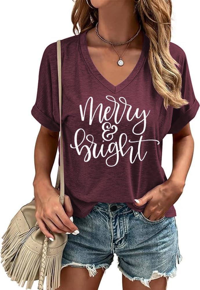 Casual V-Neck Graphic Tees for Women Summer Cute Short Sleeve Holiday Family Match T-Shirt Tops (Small, 717-xmas-dark Red)