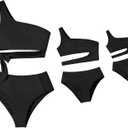 IFFEI Mommy and Me Swimsuits One Shoulder High Waisted Women Bikini Tie Cutout Two Piece Matching Outfits Swimwear (Small, Black)