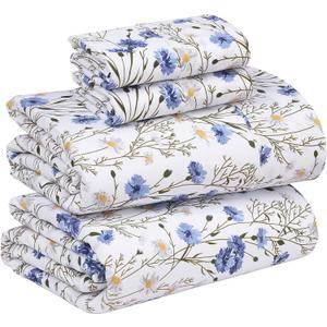 RUVANTI 100% Cotton Sheets Queen Size Set, 4 Pieces, Soft & Breathable Percale Weave Bedding, Deep Pocket 16", Hotel Standard, Crisp Cool Feeling, Durable, Perfect Floral Bed Sheet, Sweet Pea