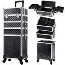 Stagiant Rolling Makeup Case Cosmetology Case on Wheels 4 in 1 Large Cosmetic Organizer Train Case Makeup Travel Case with Key Swivel Wheels Nail Artist Salon Storage Traveling Cart Trunk Black