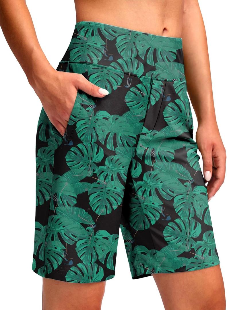 Viodia Women's 9" Long Swim Shorts Modest Swimsuits Bathing Suit Knee Length Bermuda Board Shorts for Women with Pocket (Green, XXXL)