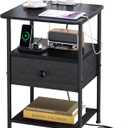 Nightstand with Charging Station, Bedside Table with Round Corner Design, Night Stand with Adjustable Fabric Drawer, Side Table End Table for Bedroom, Living Room NEF-NS-BK-1 (Black+black)