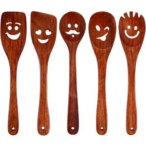 HANSGO 5PCS Wooden Cooking Spoons, Funny Wooden Utensil Set Wood Spatulas with Smile Faces Cute Kitchen Accessories, Best Cooking Gifts for Housewarming Wedding Holidays