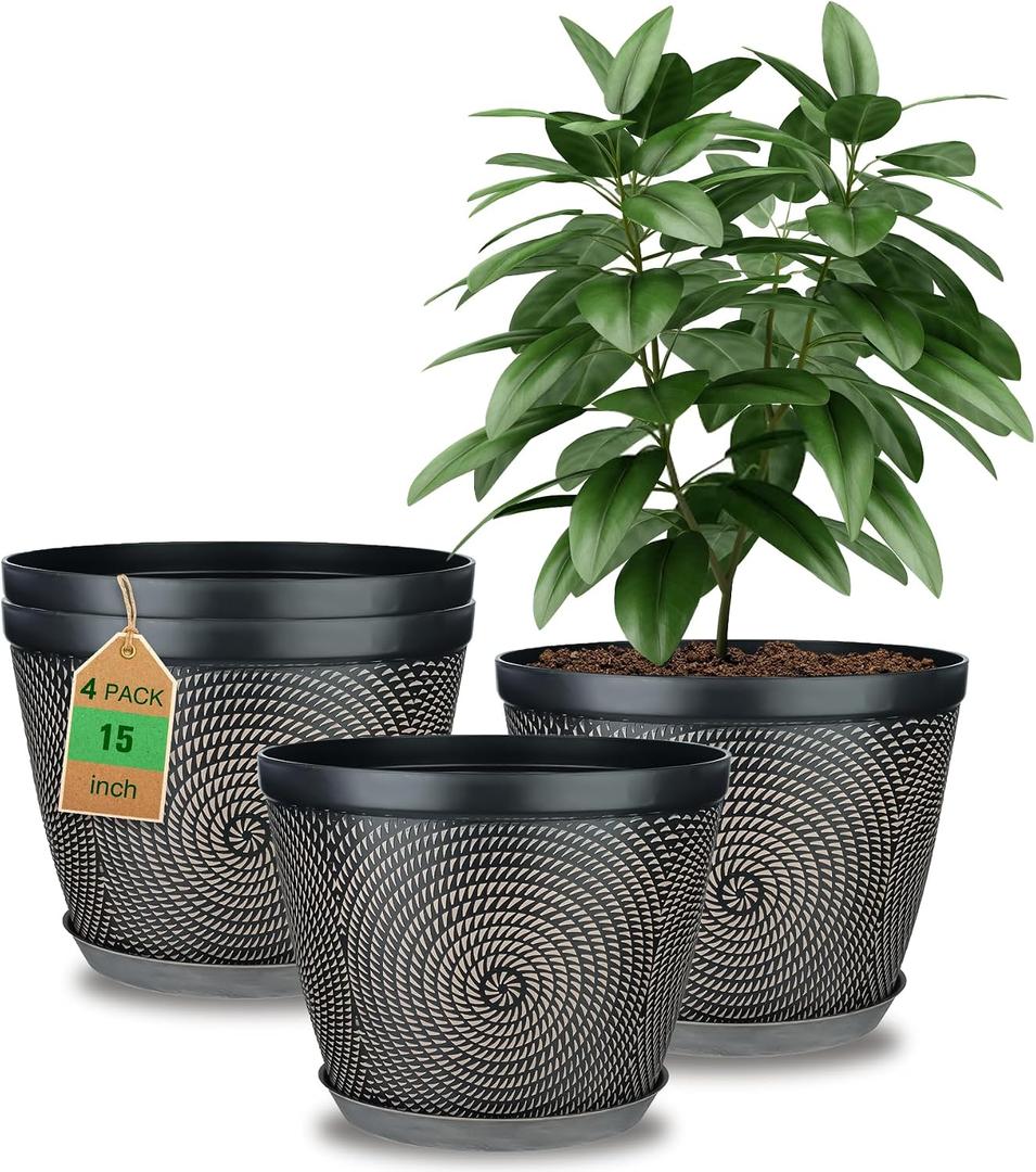 Quarut 15 Inch 4 Pack Large Plant Pots, Plastic Flower Pot for Indoor & Outdoor with Drainage Holes & Saucer, Circle Pattern Planters Garden Pots for Herbs