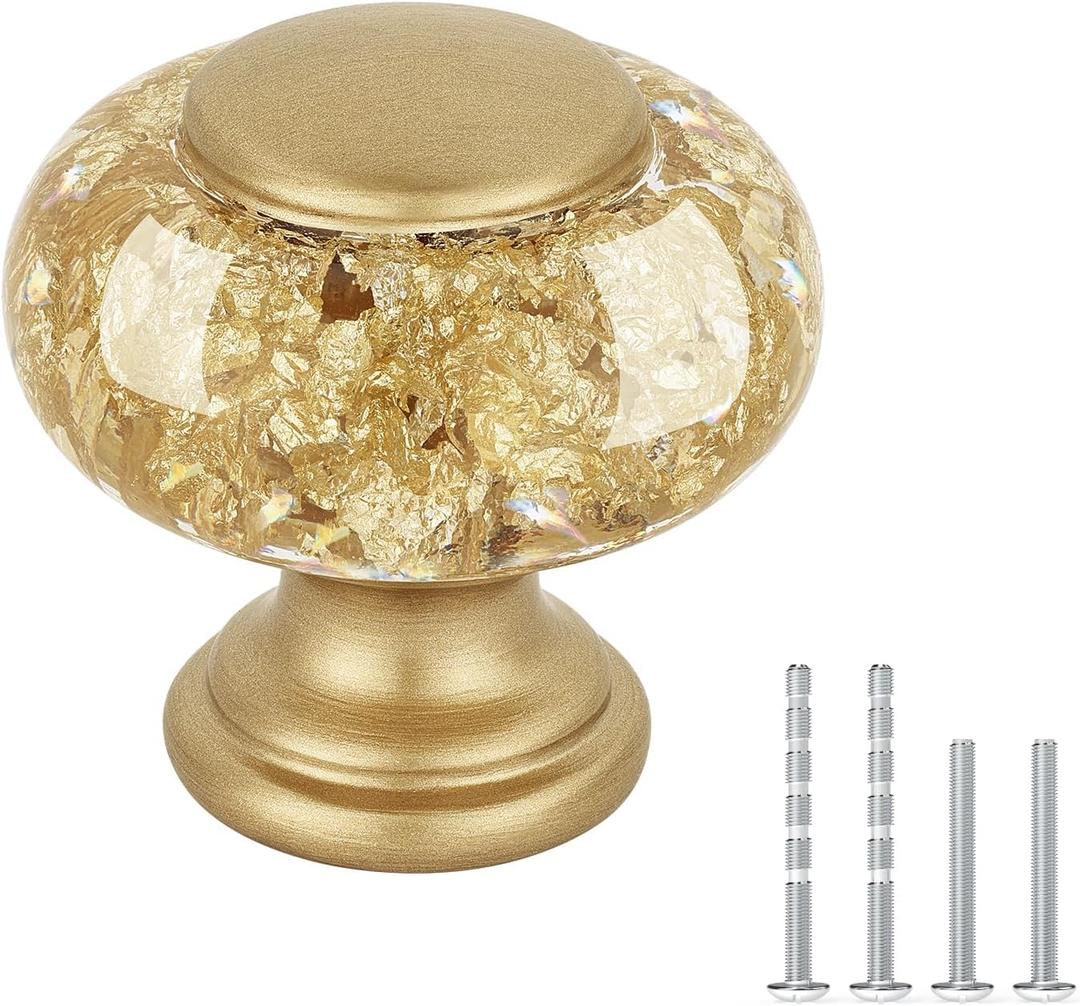 OLV Gold Dresser Knobs 8 Pack, 1-1/4 Inch Crystal Decorative Kitchen Cabinet Drawer Knobs, Embedded Gold Foil Finial Design, Unique Vintage Handle for Dresser Drawer Kitchen Closets