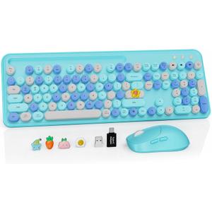Wireless Keyboard and Mouse Combo, Retro Round Keycaps, Full-Size Stylish Typewriter Keyboard with Phone/Tablet Holder, Ergonomic Mouse with 3-Level DPI, 2.4GHz Connection for Windows/PC (Ice Blue)