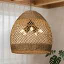 19.6" Large Farmhouse Chandeliers for Dining Room, 5-Light Rattan Boho Chandelier Light Fixture with Wicker Lampshade, Coastal Hanging Pendant Lighting for Kitchen Island Bedroom Living Room Nursery