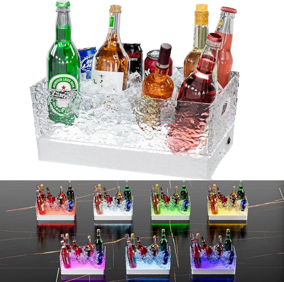 Plastic Ice Bucket Beverage Tubs for Parties, 15Liter / 4 Gallon Large Clear Drink Tub for Champagne Beer Drink Wine Cocktails, 7 Colors LED Light Up with Remote, Leakproof
