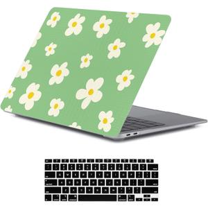 LanBaiLan Compatible for New MacBook Air 13 inch 2020 2019 2018 Release A2337 M1 A2179 A1932 Retina Display with Touch ID Plastic Leather Texture Protective Case & Keyboard Cover, Green Flower