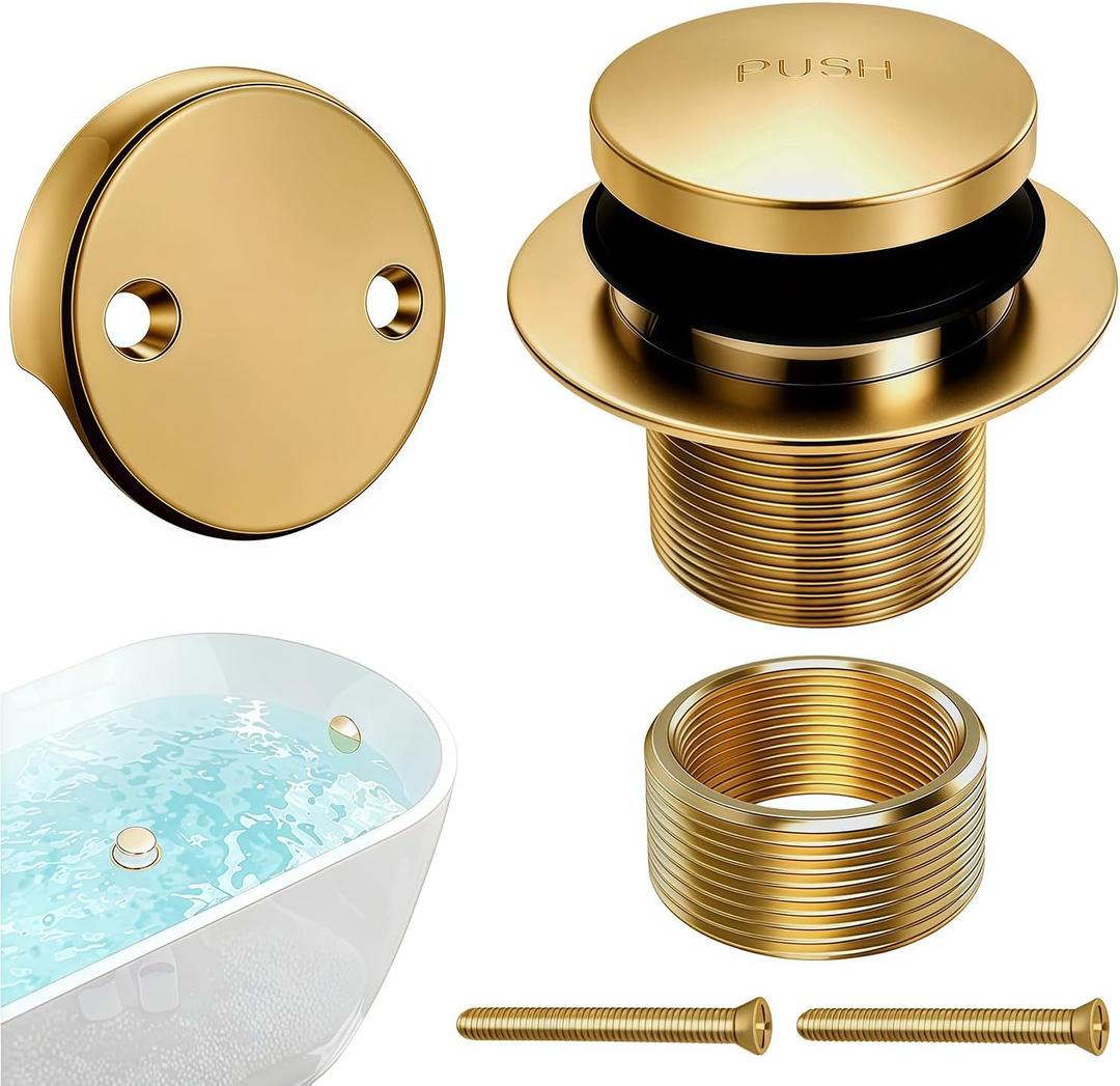 Tub Drain Tip-Toe Trim Set with Two-Hole Overflow Faceplate, Bath Tub Drains Conversion Kit with Universal Fine/ Coarse Thread, Brushed Gold Replacement Bathtub Drain Stopper Assembly